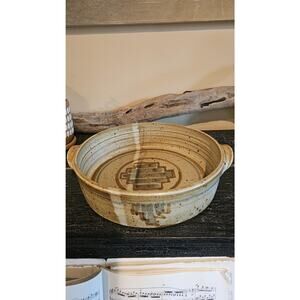 Hand Thrown Pottery Casserole 10x2.5" Round - South West or Folk Art Style